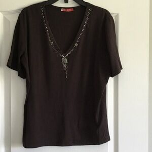 Desigual Dark Brown Embellished V-Neck Tee